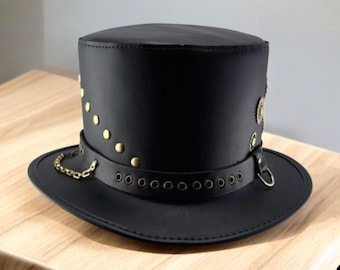 Black Leather Steampunk Top Hat: Gothic Victorian Gear Accent