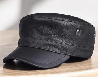 Militärkappe, Echtleder, schwarzer handgemachter Hut, klassischer Armeestil, verstellbare Herrenmode