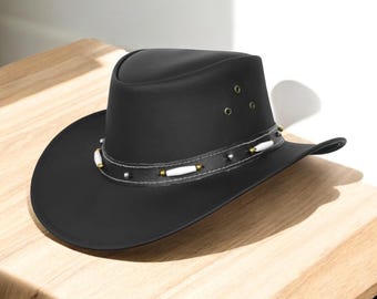 Handmade Black Leather Cowboy Hat: Western Outback Rodeo Style