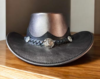 Chapéu Outback de couro preto feito à mão: chapéu de cowboy de aba larga estilo western