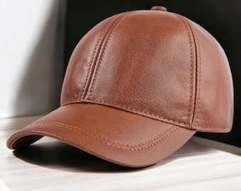 Brown Leather Baseball Cap, Handmade Genuine Leather Hat, Casual Sports Style
