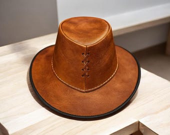 Handmade Brown Leather Cowboy Hat, Western Outback Style