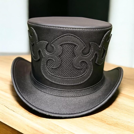 Handmade Black Leather Steampunk Top Hat: Embossed Flame Design