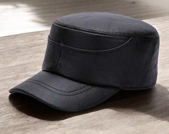 Handgefertigte, Schwarze Leder Militär Cap - Verstellbar im Army Style