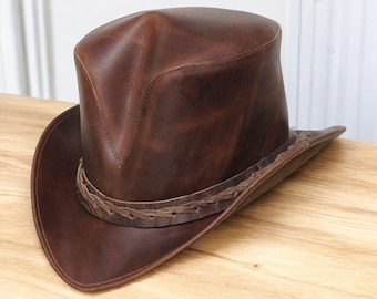 Distressed Brown Leather Outback Hat: Handmade Cowboy Bush Hat