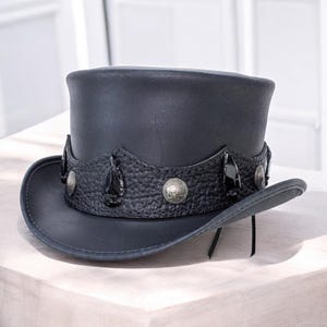 Gothic Steampunk Hat with Conchos | Men Black Leather Top Hat | Handmade Festival Hat | Biker Style Rock Hat | Gift for Him | Leather Hat