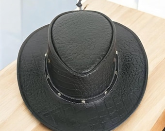 Handmade Schwarz Krokodil Muster Leder Cowboy Hut: Breite Krempe Western Rodeo Hut