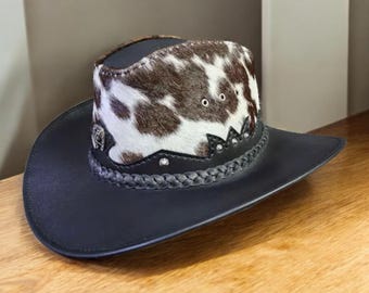 Hair on Hide Leather Cowboy Hat Black White Cowhide Western Outback Handmade Rodeo Hat
