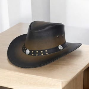 Men Two Tone Brown Black Leather Cowboy Hat | Western Outback Hat | Handmade Wide Brim Leather Hat | Studd Band Hat | Gift for Him | Men Hat