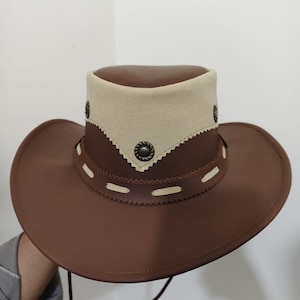 Men Brown Leather Cowboy Hat | Suede Trim Wide Brim Western Hat | Handmade Outback Hat | Two Tone Festival Hat | Gift for Him | Rustic Hat