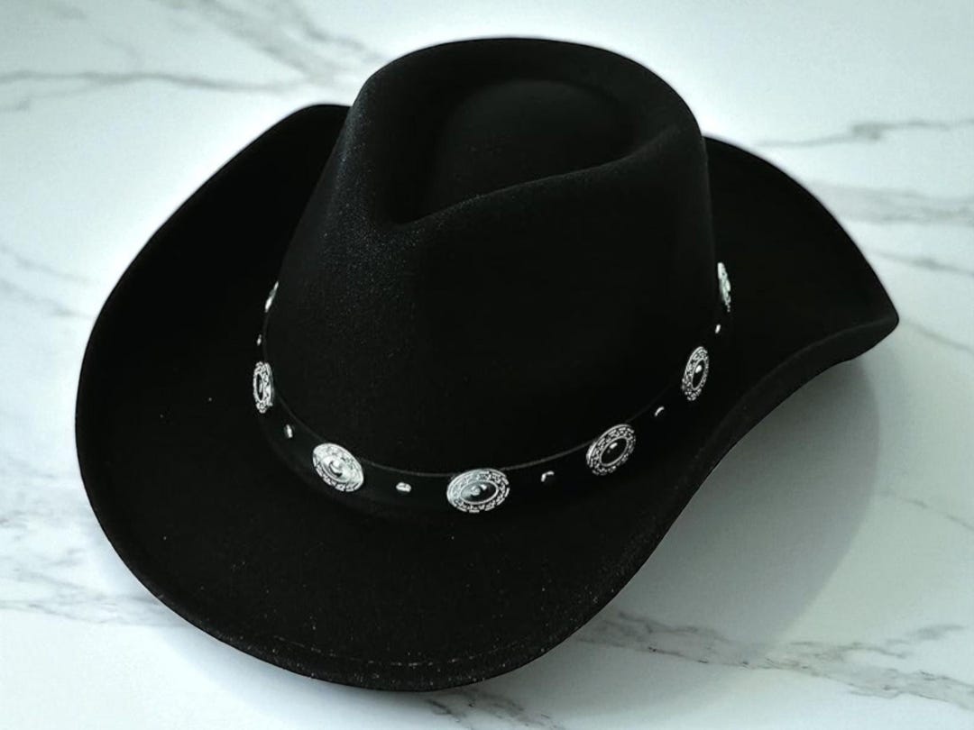 Handmade Black Leather Cowboy Hat: Silver Concho Band, Wide  display picture 1