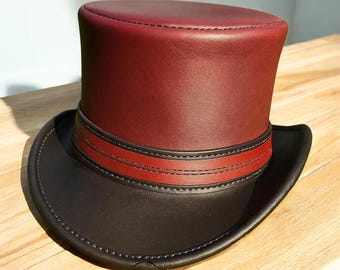 Handmade Leather Steampunk Top Hat: Black & Burgundy Gothic Victorian Style