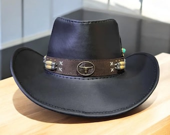 Handmade Black Leather Cowboy Hat: Beaded Band & Feather Accent