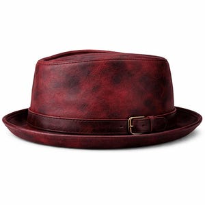 Red Leather Fedora Hat Men Wide Brim Vintage Style  Handmade