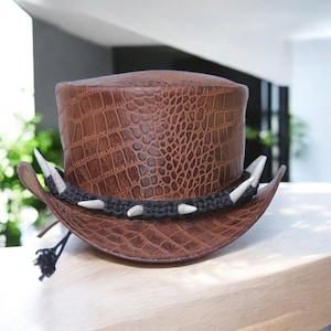 Brown Crocodile Leather Hat | Handmade Outback Cowboy Hat | Western Safari Hat | Steampunk Festival Costume Hat | Vintage Style Gift for Him
