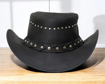 Sombrero de vaquero de cuero negro: estilo steampunk occidental con tachuelas