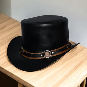 Black Leather Steampunk Top Hat | Gothic Festival Hat with Chain | Handmade Cowboy Hat with  Band | Gift for Him | Punk Rock Hat | Men Hat