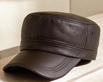 Leder Militärkappe echtes Leder braun klassischer Armee-Stil handgefertigt für Herren