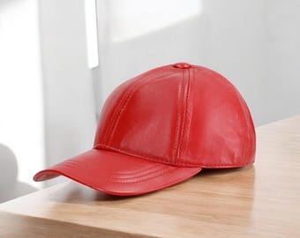 Rode leren pet, echt handgemaakt, klassiek rundleer, casual honkbalstijl