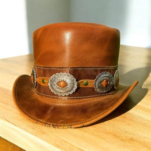 Handmade Brown Leather Steampunk Top Hat with Buckle or Concho Band, Vintage Gothic Festival Costume Hat, Cosplay Party Accessory