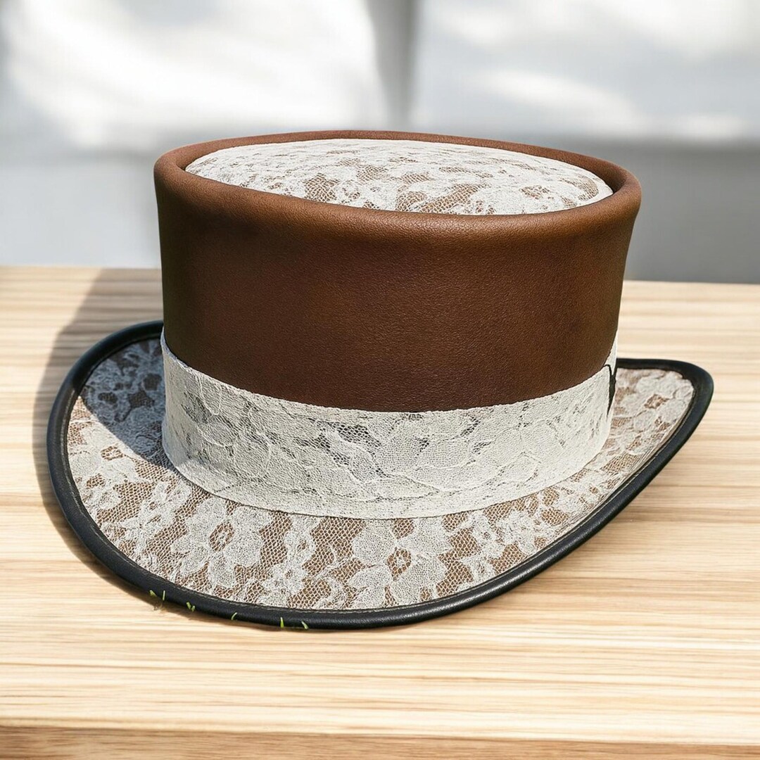 White Lace & Brown Leather Top Hat: Steampunk Cosplay  display picture 3