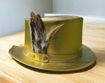 Gold Leather Top Hat with Feathers: Steampunk Victorian Costume