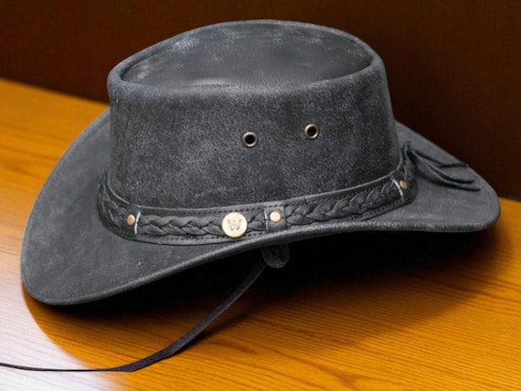 Black Suede Outback Hat with Braided Band New Australian BlackWestern Outback Leather Cowboy Hat Wide  main image 4