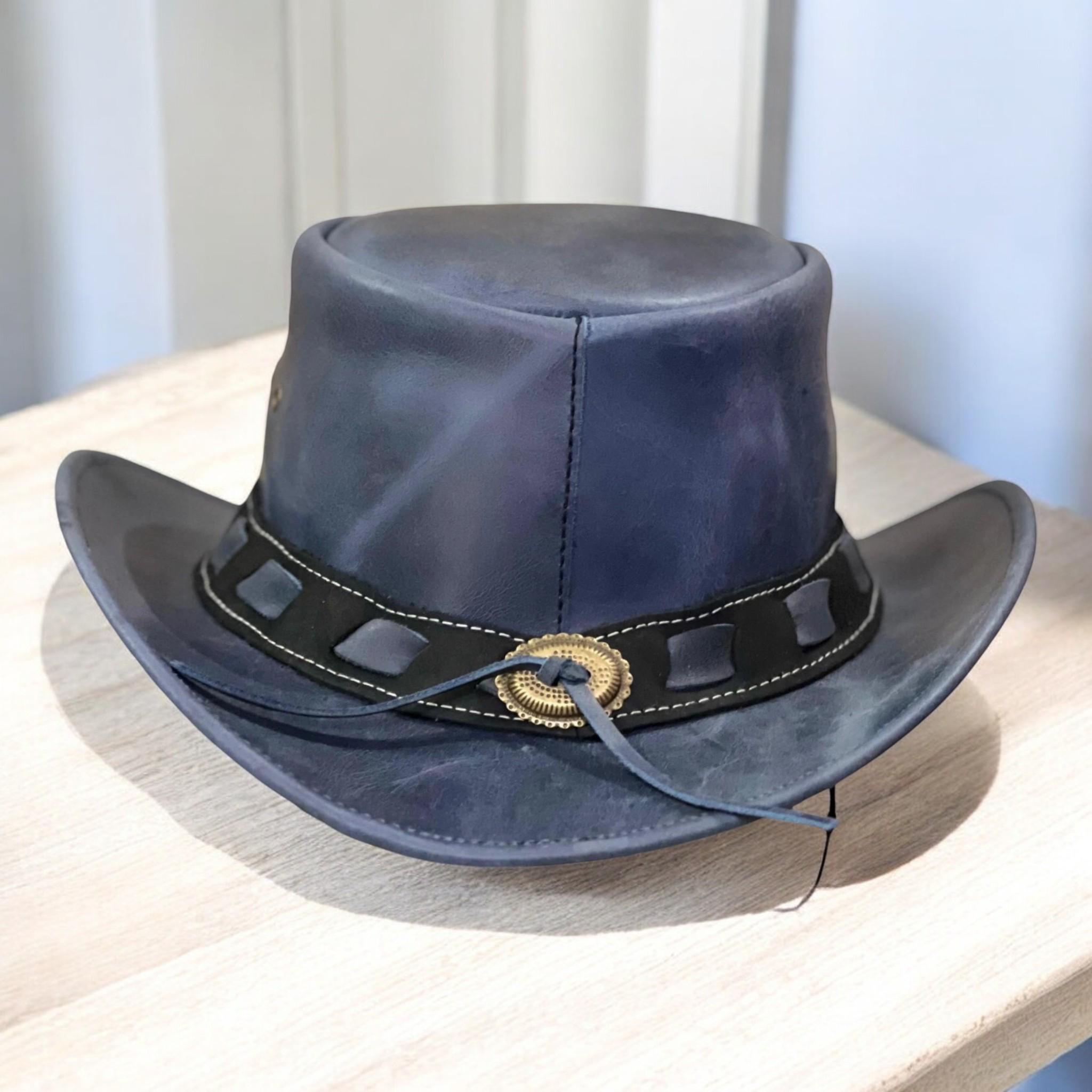 Handmade Dark Blue Leather Outback Hat: Western Cowboy Style  display picture 1