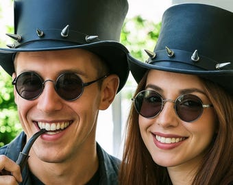 Handmade Black Leather Spiked Top Hat: Steampunk Rock Style