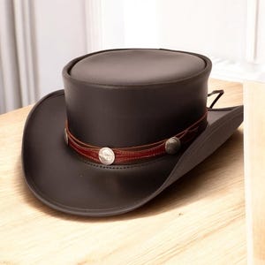 Cosplay Costume Hat for Men | Black Leather Top Hat with Red Concho Band | Handmade Western Steampunk Gothic Hat | Gift for Him | Men Hat