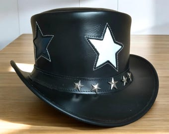 Handmade Black Leather Star Top Hat: Western Rockstar Style