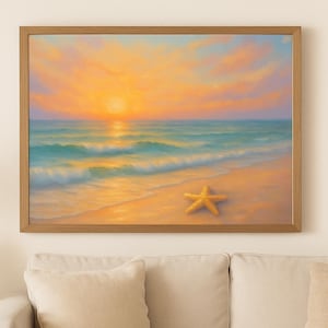 Golden Shoreline Sunset with Starfish – Coastal Digital Art Print, Seaside Wall Decor, Tranquil Beach Landscape