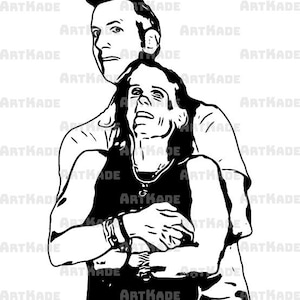 May include: A black and white illustration of two people embracing. One person is holding the other, with arms wrapped around the torso. The image has a minimalist style, with bold lines and a focus on the figures' expressions.