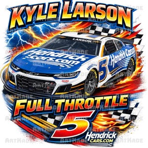 May include: A graphic illustration of a race car with the text "KYLE LARSON" and "FULL THROTTLE 5". The car is white and blue with sponsor logos. Lightning bolts and flames are in the background. The car has the number 5.