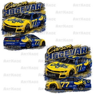 May include: A graphic design featuring the name Carson Hocevar in blue and yellow text above a blue and yellow race car numbered 77 with Chili's branding. The design includes multiple views of the stock car, showcasing the Chevrolet logo and Spectrum branding on a textured yellow and blue background.