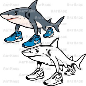 May include: Two cartoon sharks wearing blue and white sneakers. One shark is colored in shades of gray, white, and red, while the other is a black and white outline. The word "ARTKADE" is repeated throughout the image.