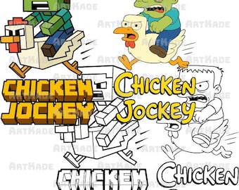 May include: A cartoon image featuring three characters riding chickens. The text "CHICKEN JOCKEY" is displayed in multiple styles. One character is a pixelated figure, another is a zombie, and the last is a cartoon boy.