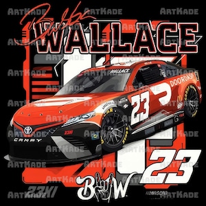 Könnte beinhalten: Illustration eines rot-schwarzen Rennwagens mit der Nummer 23 und dem Namen Wallace. Das Auto hat Sponsorenlogos und das Toyota Camry-Logo. Der Hintergrund ist schwarz mit den Worten "ARTKADE" wiederholt.