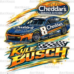 Pode incluir: Ilustração de um carro de corrida azul e laranja com o número 8, patrocinado pela Cheddar's Scratch Kitchen. O design inclui o texto "Kyle Busch", uma bandeira quadriculada e o logotipo Goodyear.