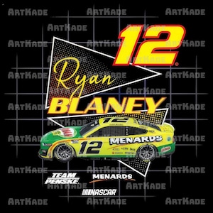 May include: A graphic design featuring a yellow and green race car with the number 12. The design includes the name "Ryan Blaney" and the logos for Menards, Team Penske, and NASCAR, set against a black background.