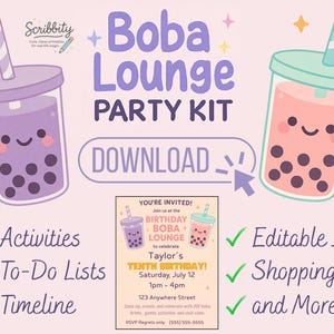 Può includere: Grafica per un kit per feste Boba Lounge, con illustrazioni di bevande al tè boba e un invito. Il testo include "Attività", "Liste di cose da fare", "Cronologia", "Invito modificabile", "Liste della spesa" e "e altro ancora!"
