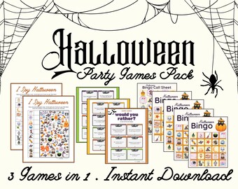 Halloween-festlekpaket, utskrivbar bingo, Jag ser, Skulle du hellre vilja (PDF)