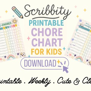 Puede incluir: Un gráfico de tareas imprimible para niños con el texto "Scribbity Printable Chore Chart For Kids Download". El gráfico tiene un diseño colorido con estrellas, arcoíris y una ilustración de gato. También se incluyen las palabras "Printable. Weekly. Cute & Clever".