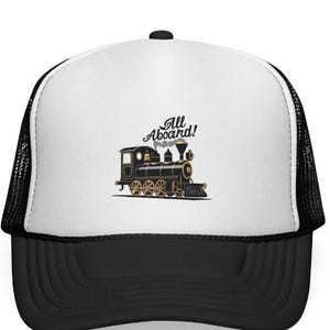 ヴィンテージ トレイン トラッカー キャップ、オールアボード ハット、レトロ レイルロード キャップ、鉄道愛好家へのギフト、ユニセックス 調節可能ハット