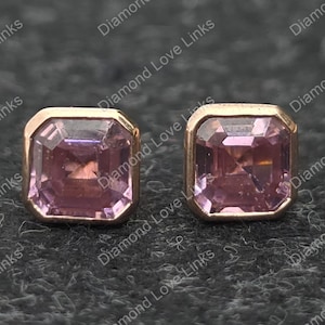 Pendientes de botón cuadrados de oro rosa macizo de 14 k con zafiro rosa y circonita cúbica, piedras preciosas, joyería minimalista, regalo de cumpleaños para ella