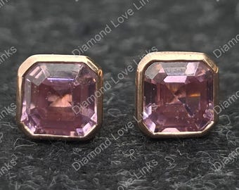14k Rose Gold CZ Pink Sapphire Square Stud Earrings