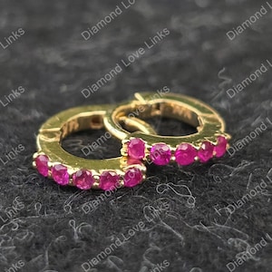14k Yellow Gold Ruby Huggie Earrings, Tiny Gemstone Hoops