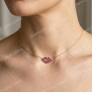 14k Gold Pave Ruby Lips Necklace, Solid Gold Kiss Pendant, Minimalist Jewelry