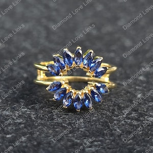 14K Gold Marquise Blue Sapphire Ring Set: Guard and Matching Band
