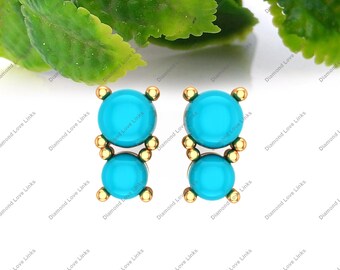 14K Solid Gold Turquoise Stud Earrings: Natural Stone Jewelry